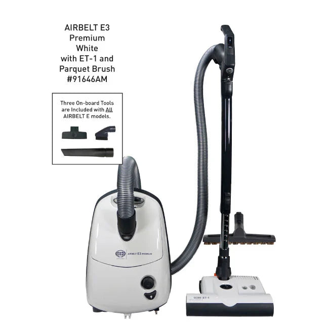 SEBO 91646AM AIRBELT E3 Premium with dual-control handle, ET-1, and parquet brush (White)